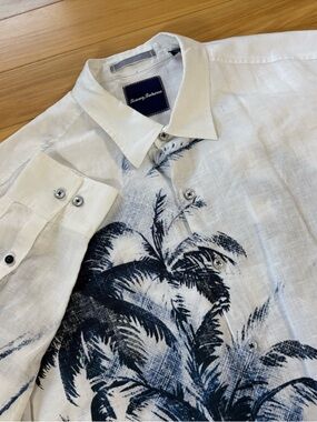 Tommy Bahama Palm Frite Linen Button Up Shirt Mens Sz L White Blue Hawaiian